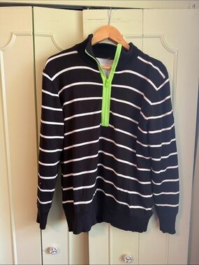 Men's Black Striped Zip-Up Sweater with Neon Green Trim